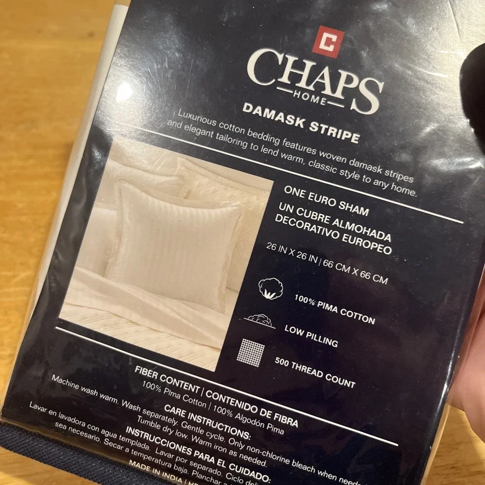 Chaps Damask Stripe 1 Euro Sham White 500 Thread 100% Pima Cotton 26 x‎ 26 New